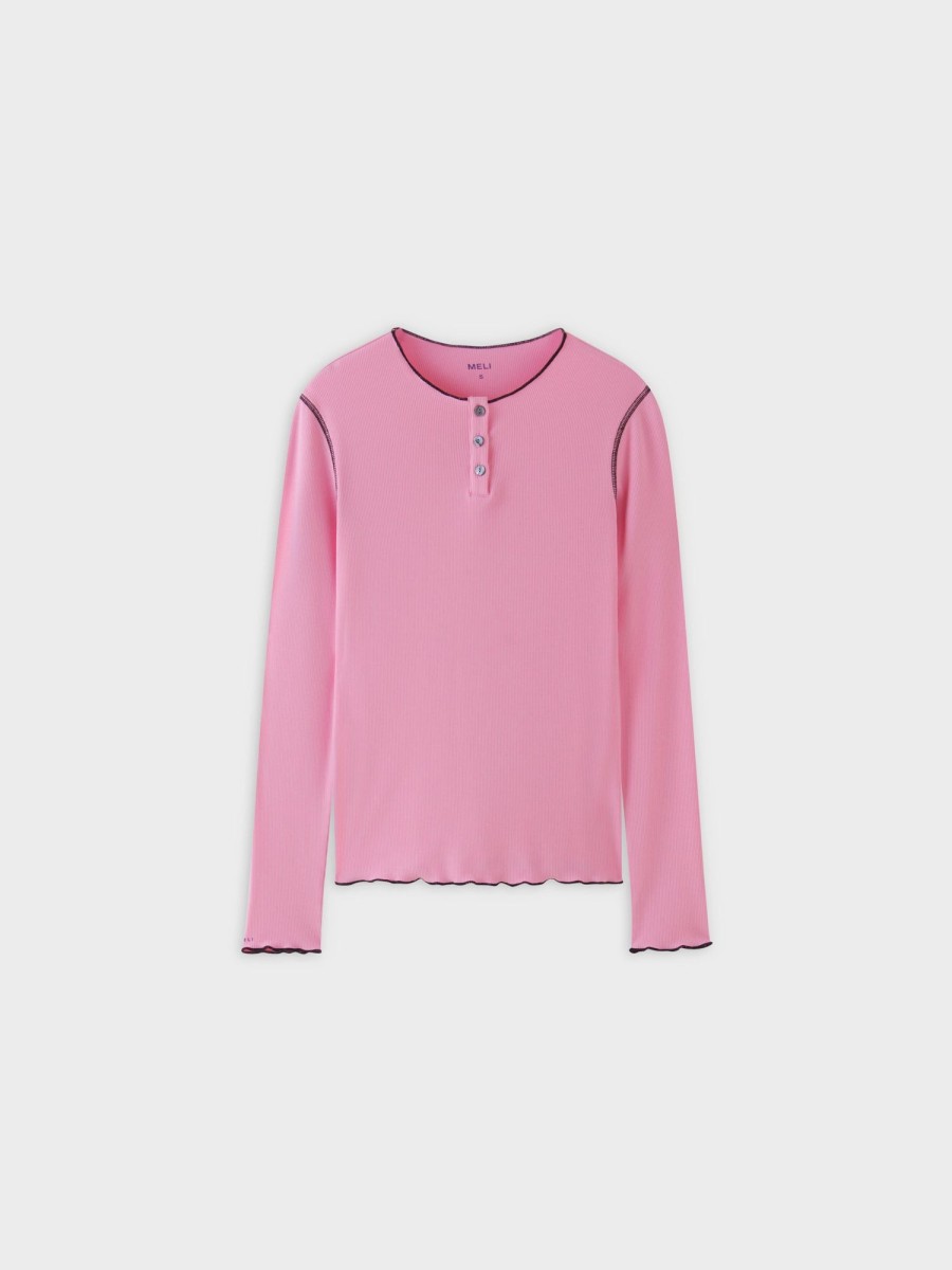 Hot Overlock Stitched Henley-Pink/Black Tees