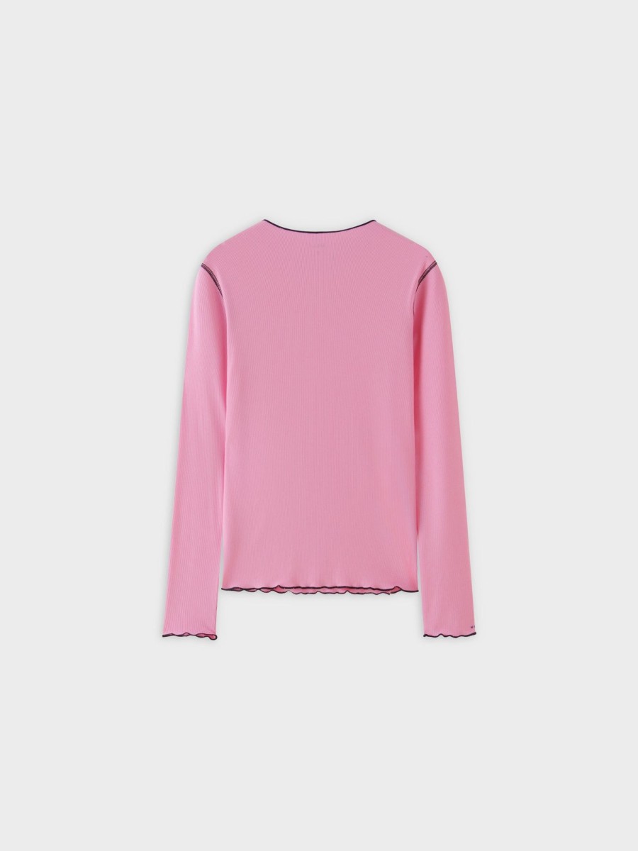 Hot Overlock Stitched Henley-Pink/Black Tees