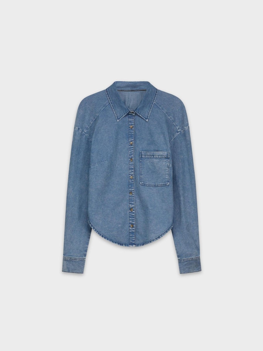 Best Gathered Back Denim Shirt-Blue Tops