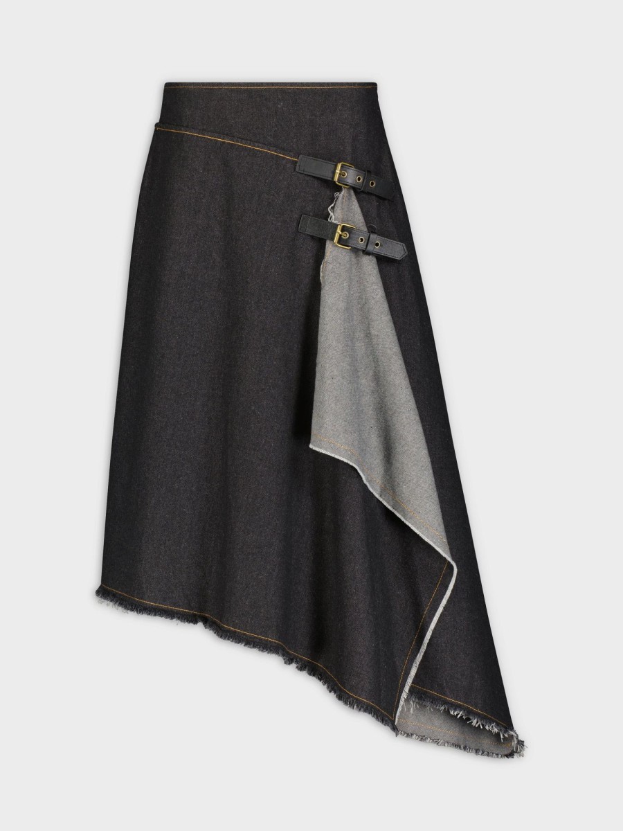 Wholesale Buckle Mock Wrap Skirt-Black Denim Skirts