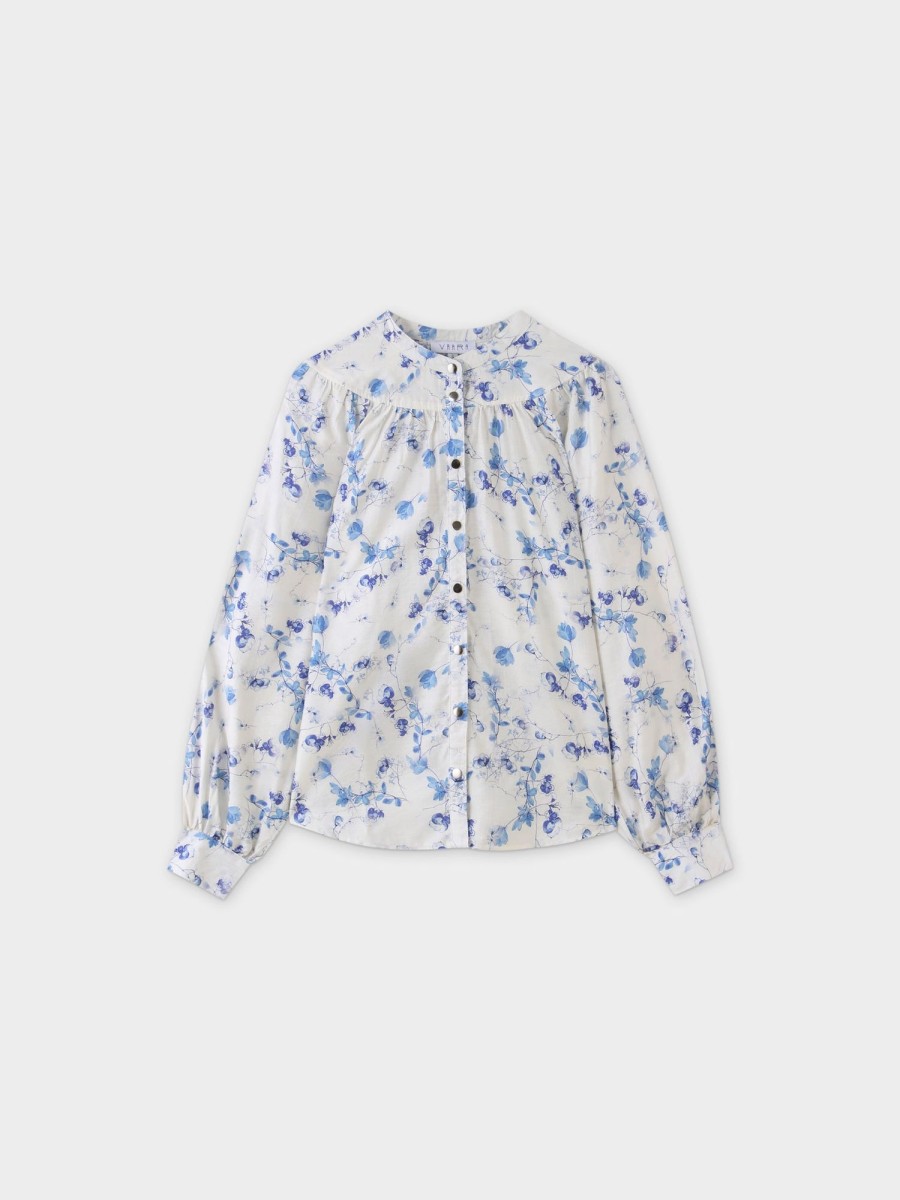 Wholesale Gathered Top Blouse-Blue Floral Tops