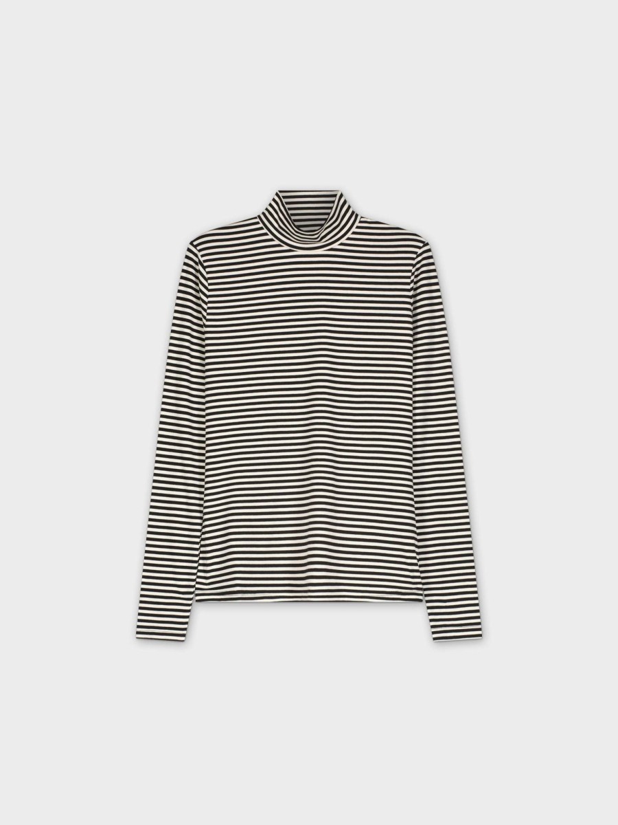 Clearance Fine Striped Turtleneck-Black/White Tops