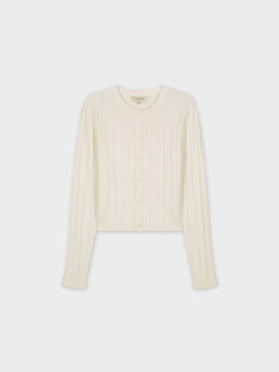 New Cropped Ribbed Design Cardigan-Cream Tops