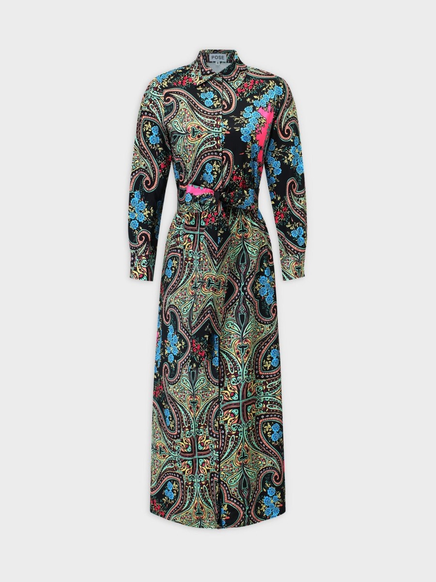 Wholesale Belted Shirtdress-Neon Paisley Dresses