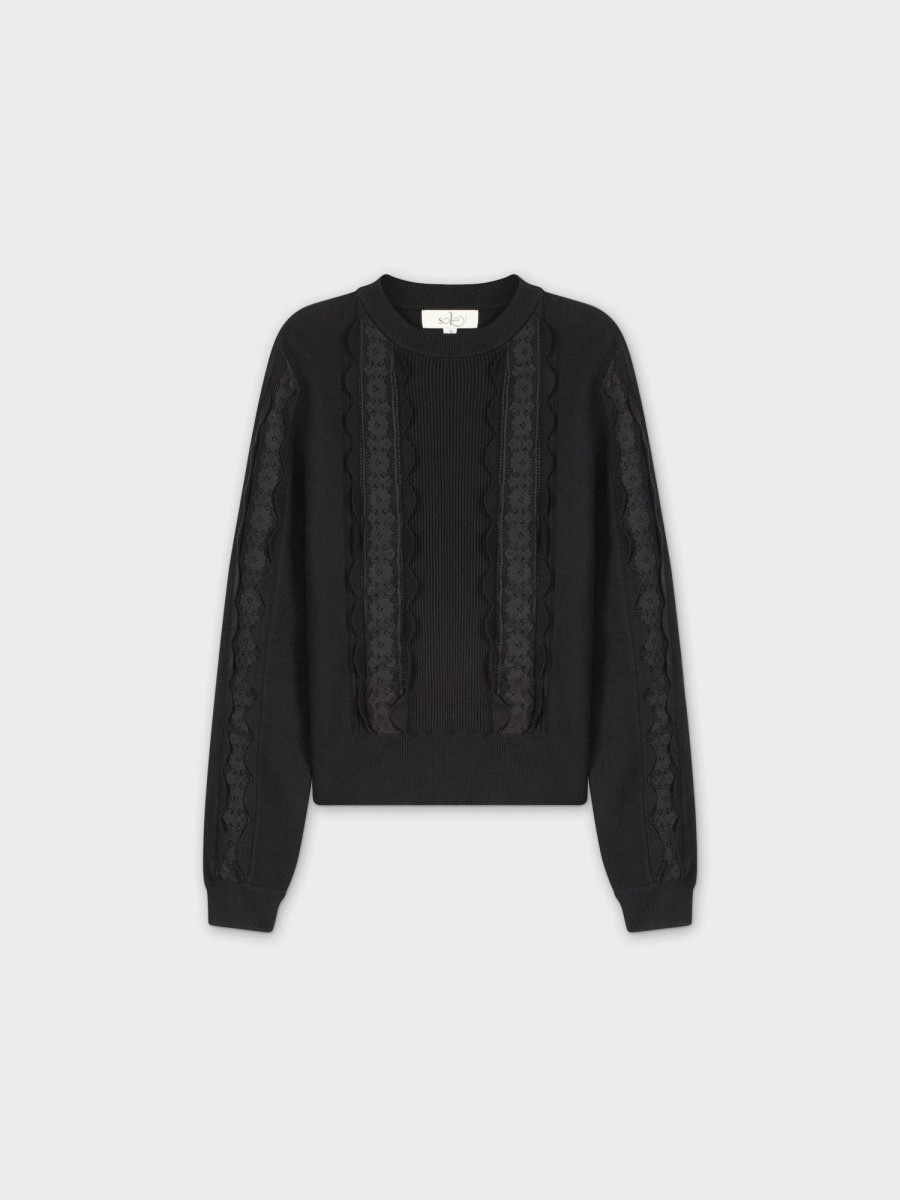 New Lace Detail Sweater-Black Tops