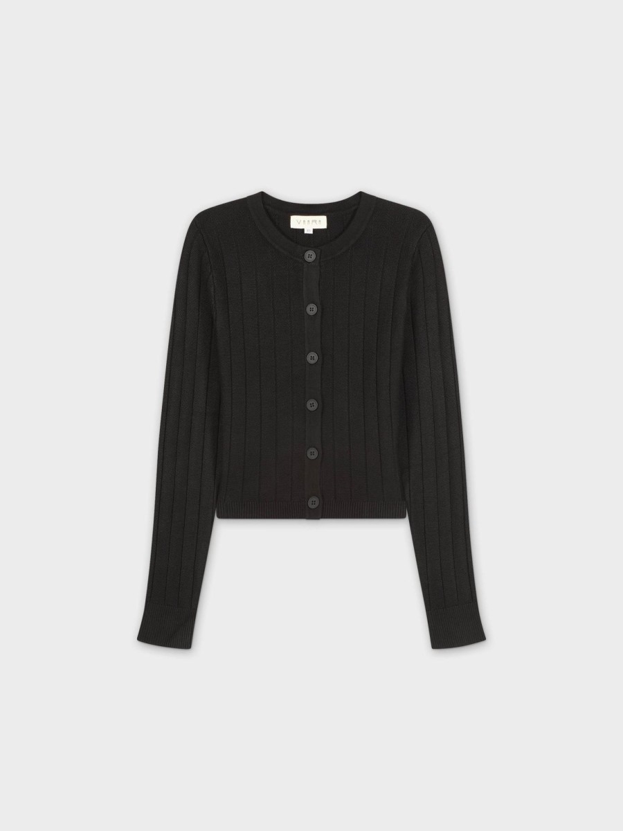 Online Cropped Ribbed Design Cardigan-Black Tops