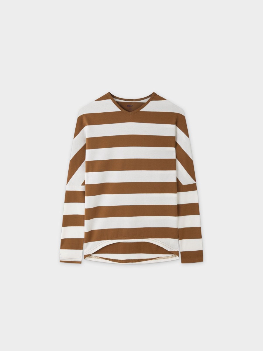 Best Striped Dolman V Neck-Brown/White Tees