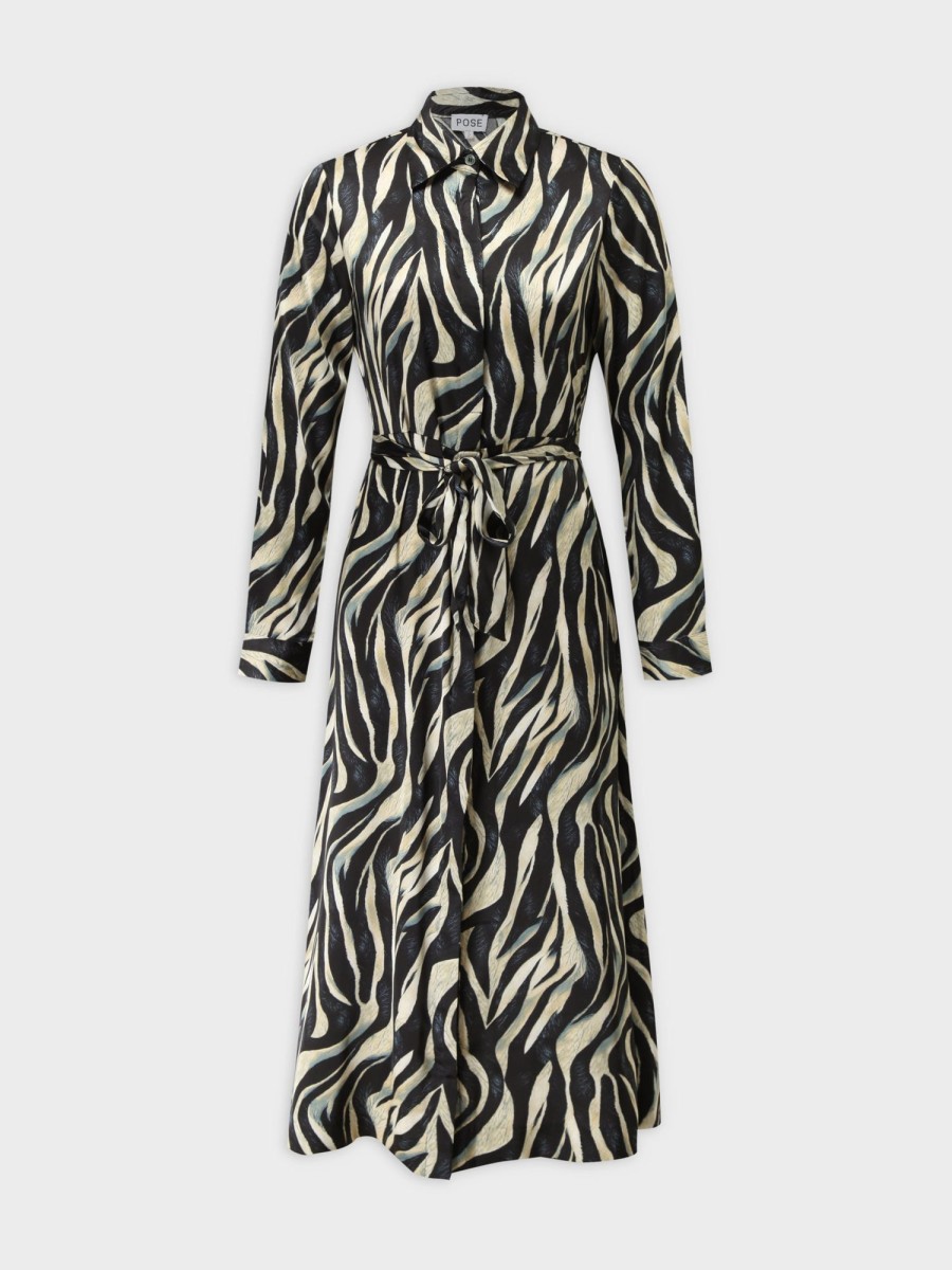 Hot Basic Belted A-Line Dress-Zebra Dresses