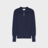 New Zipper Collar Sweater-Navy Tops