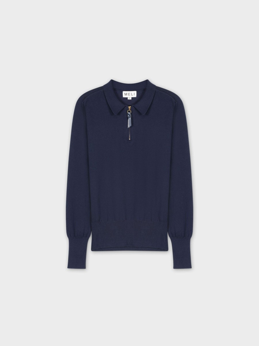 New Zipper Collar Sweater-Navy Tops