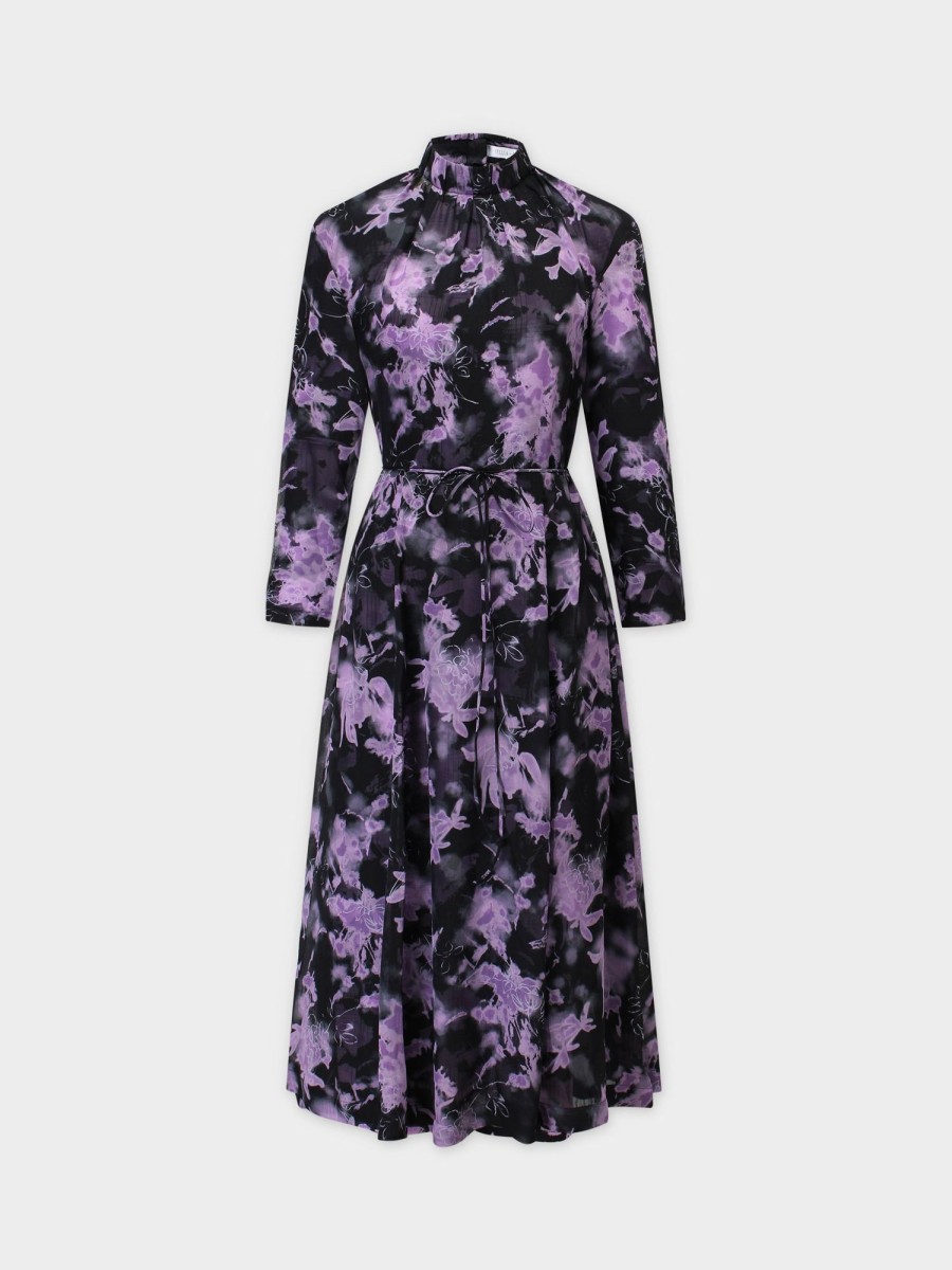 Best Printed Belted Dress-Black/Lavender Dresses