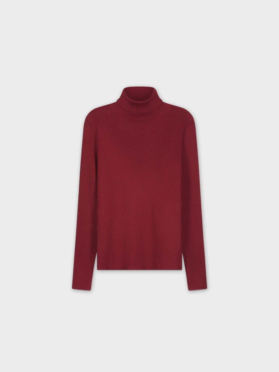 Online Knit Ribbed Turtleneck-Maroon Tops