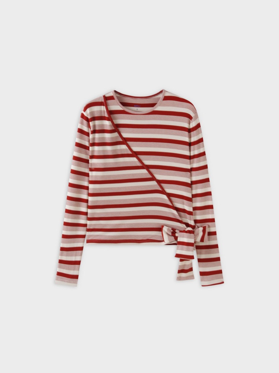 New Striped Wrap Tee-Berry/White Multi Stripe Tees