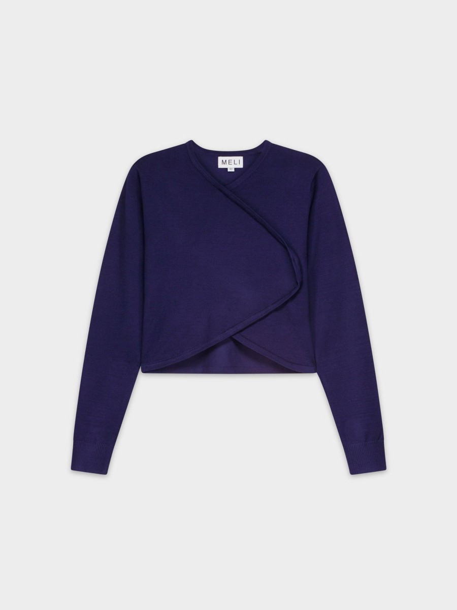 Best Crop Crossover Sweater-Navy Tops