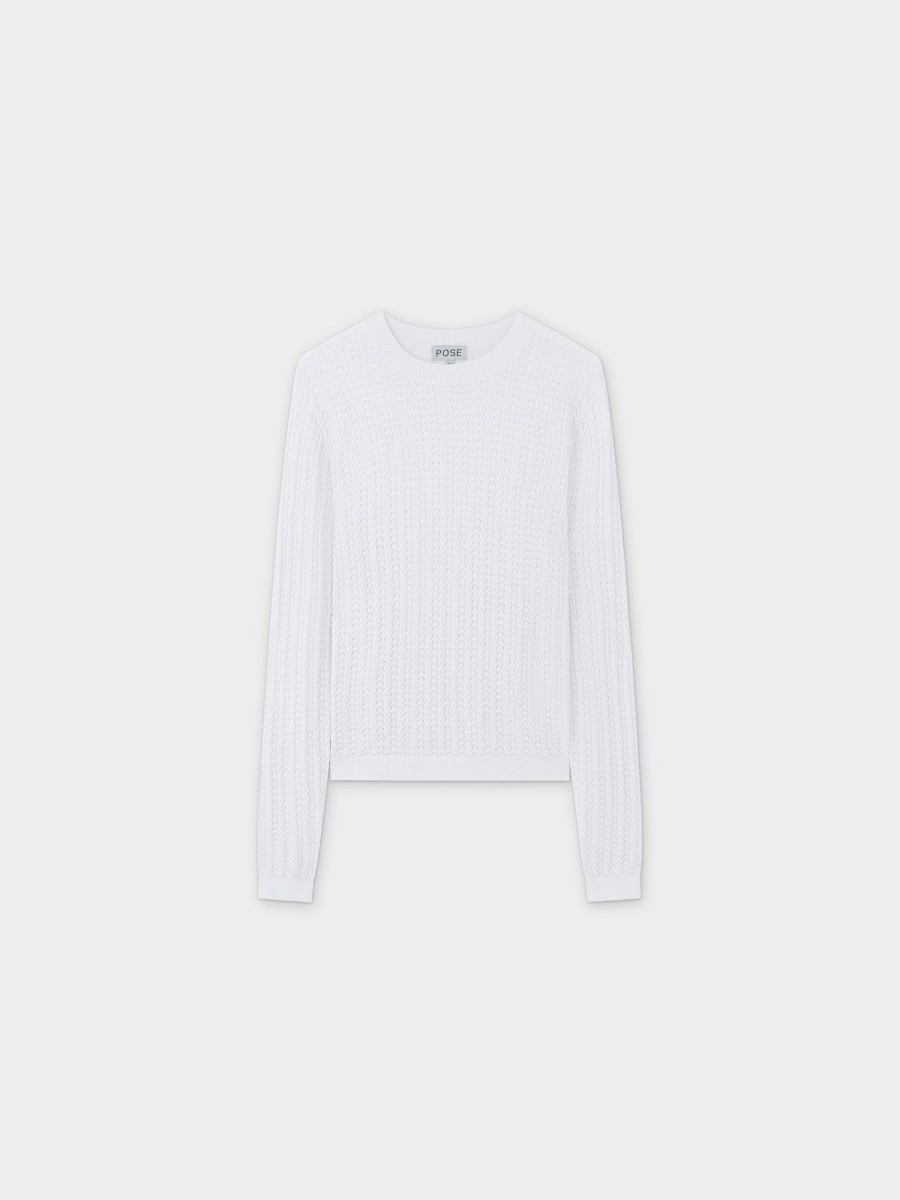 Best Pointelle Knit Sweater-White Tops