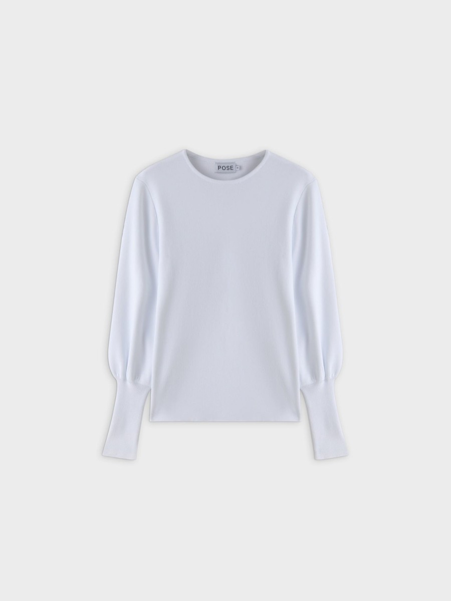 Clearance High Cuff Sweater-White Tops