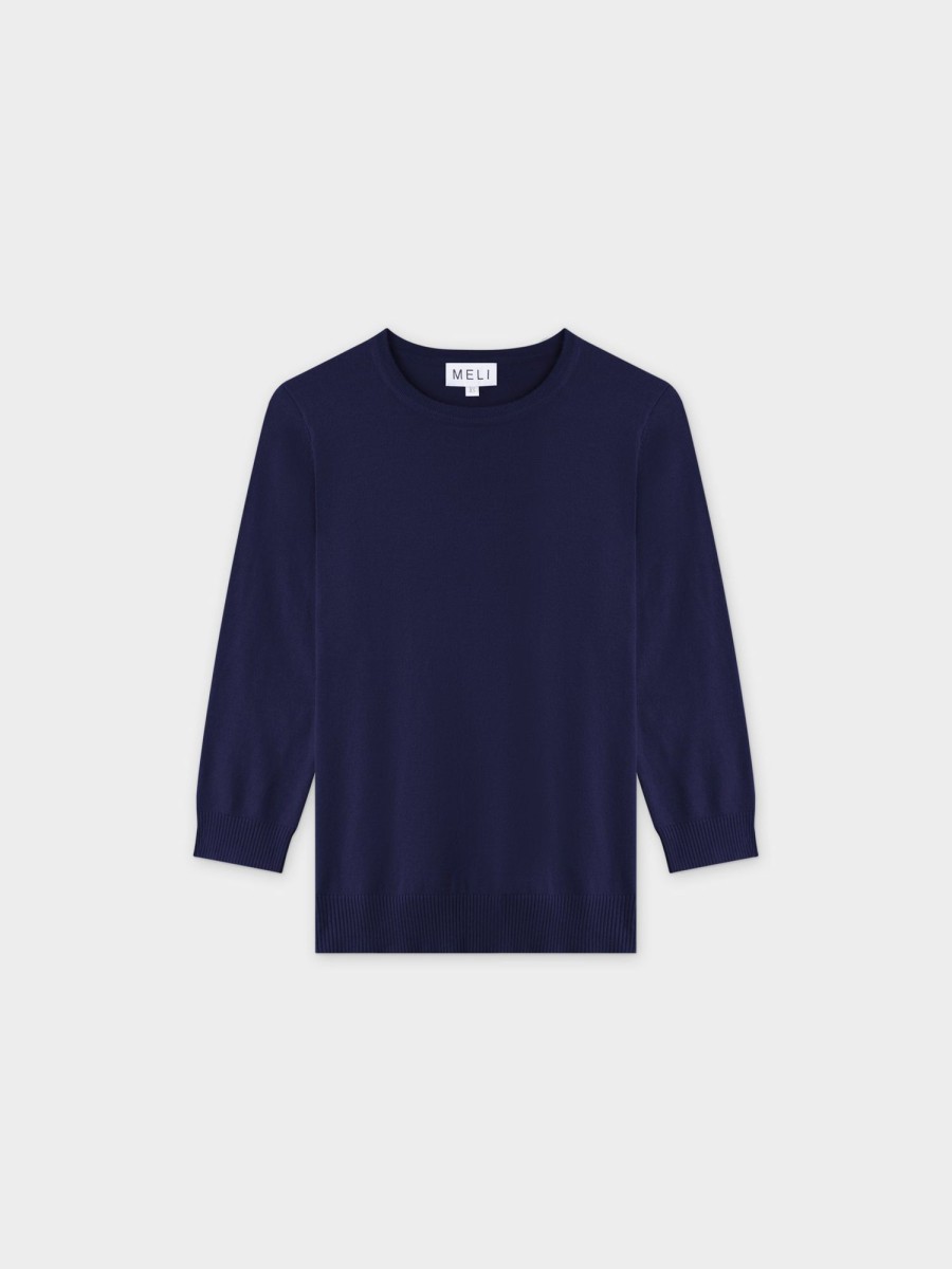 New Basic Crew Sweater 3Q-Dark Navy Tops