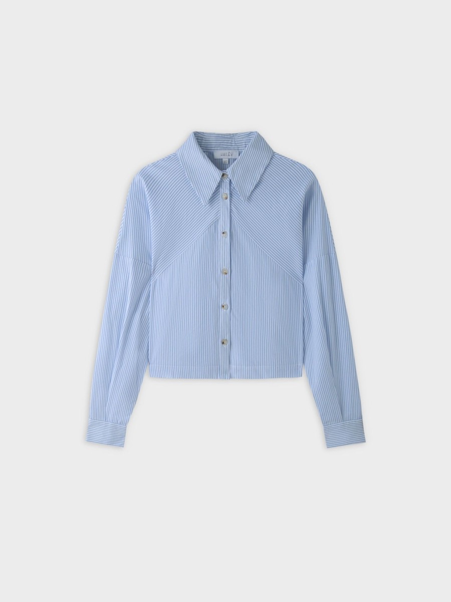 Online Crop Blouse-White/Blue Tops