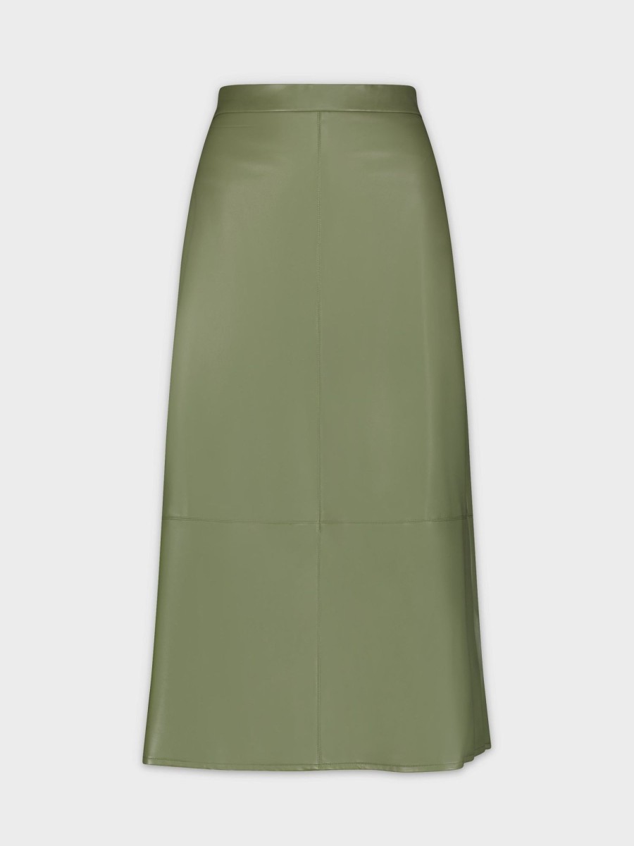 Wholesale Midi Seamed Leather Skirt-Olive Skirts