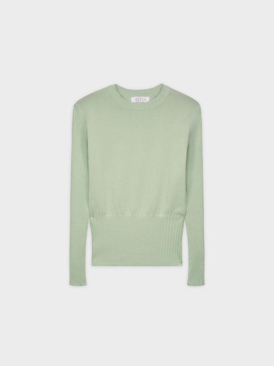 Clearance Ribbed Waisted Sweater-Sage Green Tops