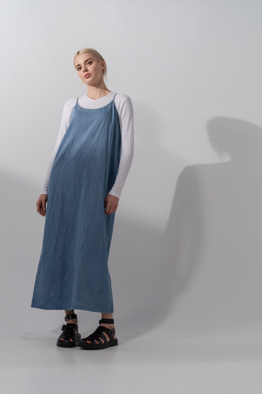 New Crew Neck Slip Dress-Light Blue Denim Dresses