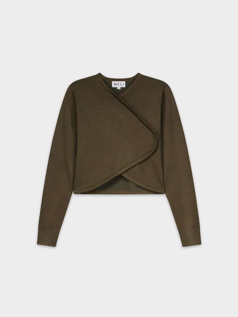 Clearance Crop Crossover Sweater-Olive Tops