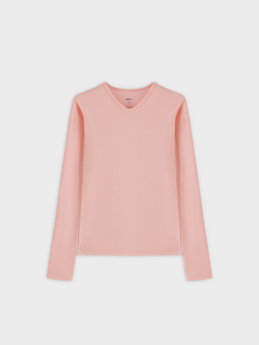 Online High V Ribbed Tee Ls-Peach Tees