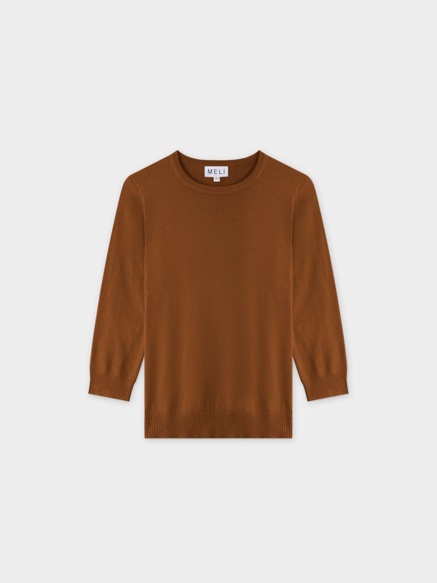 Clearance Basic Crew Sweater 3Q-Brown Tops