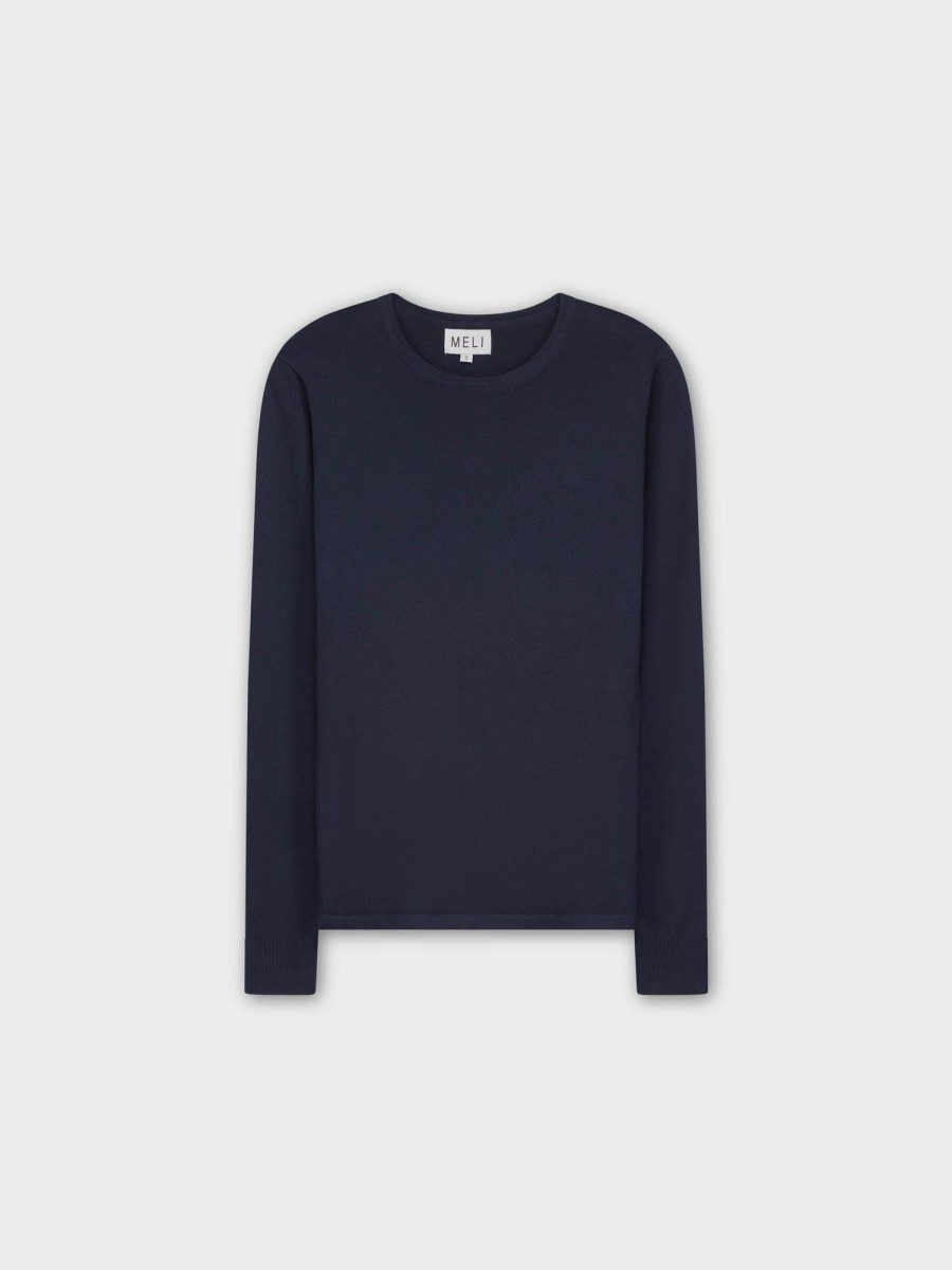 Wholesale Thin Knit Crew Sweater-Navy Tops