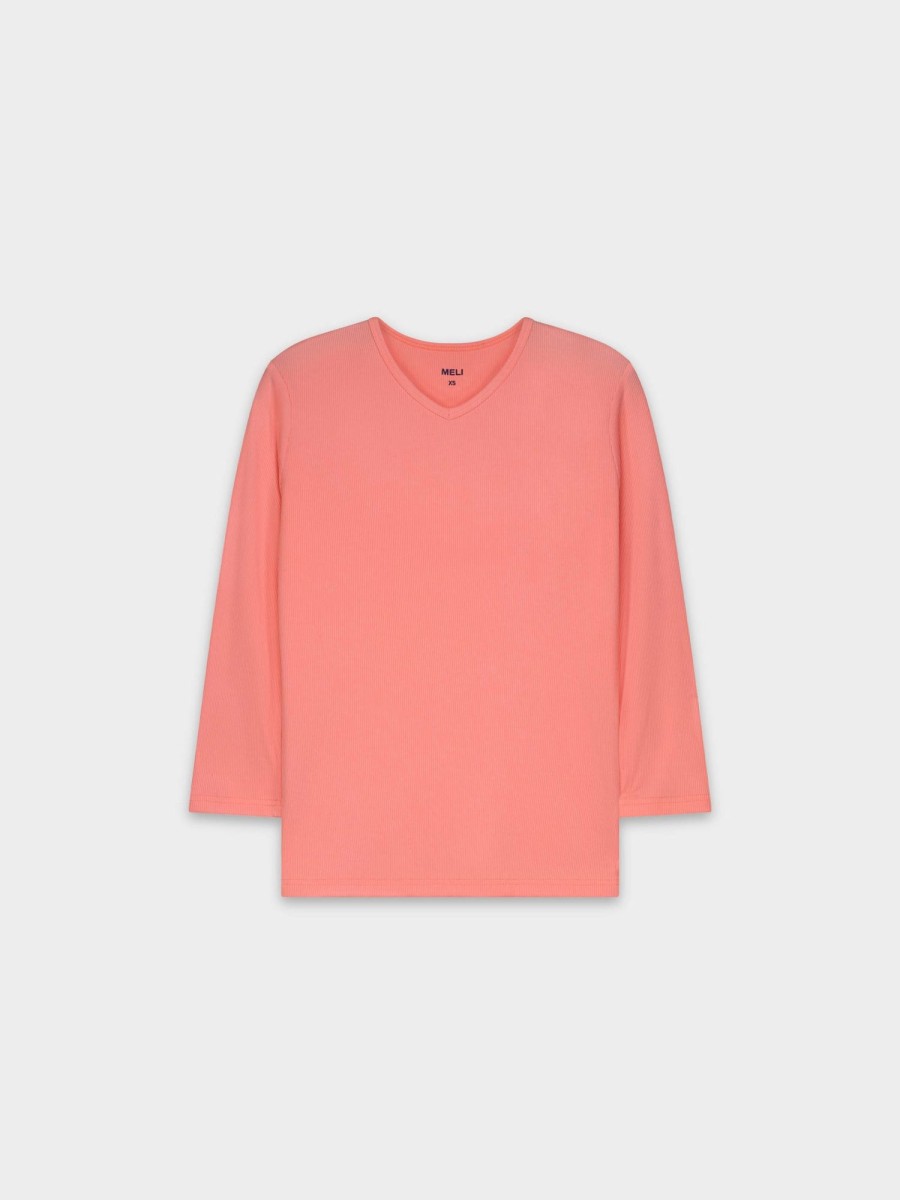 Clearance Ribbed High V 3Q-Pink Tees