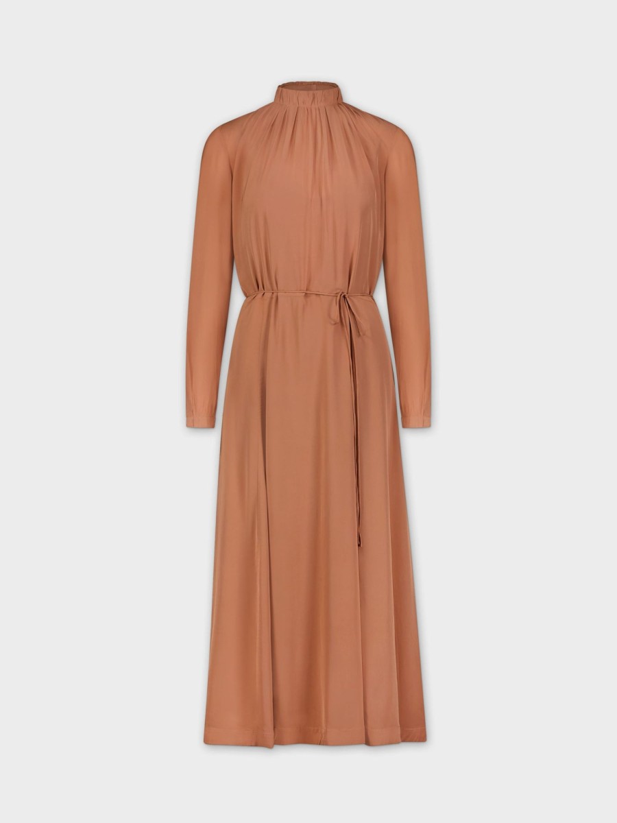 Online Ruched Collar Dress-Caramel Dresses