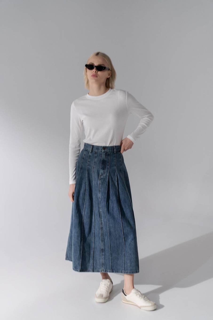 Hot Stitched Pleated Skirt-Blue Skirts