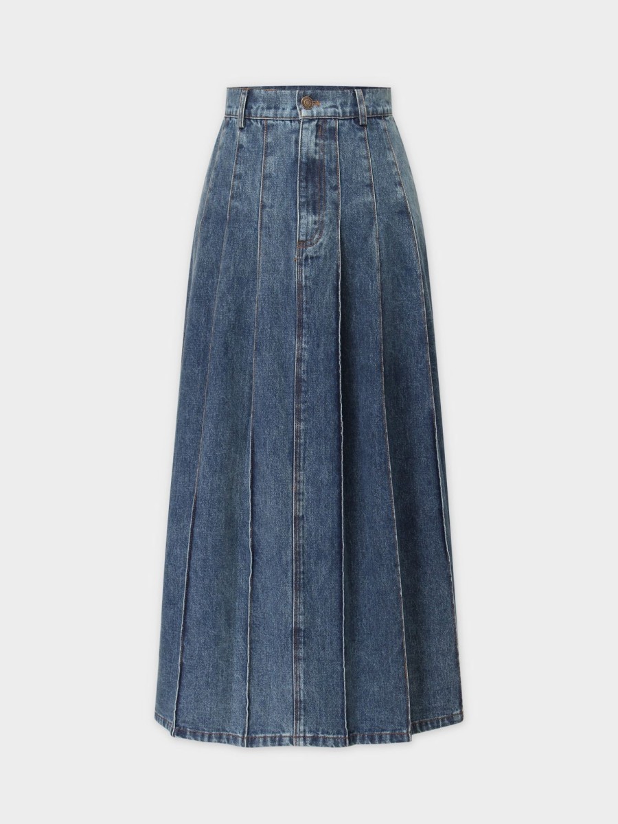 Hot Stitched Pleated Skirt-Blue Skirts