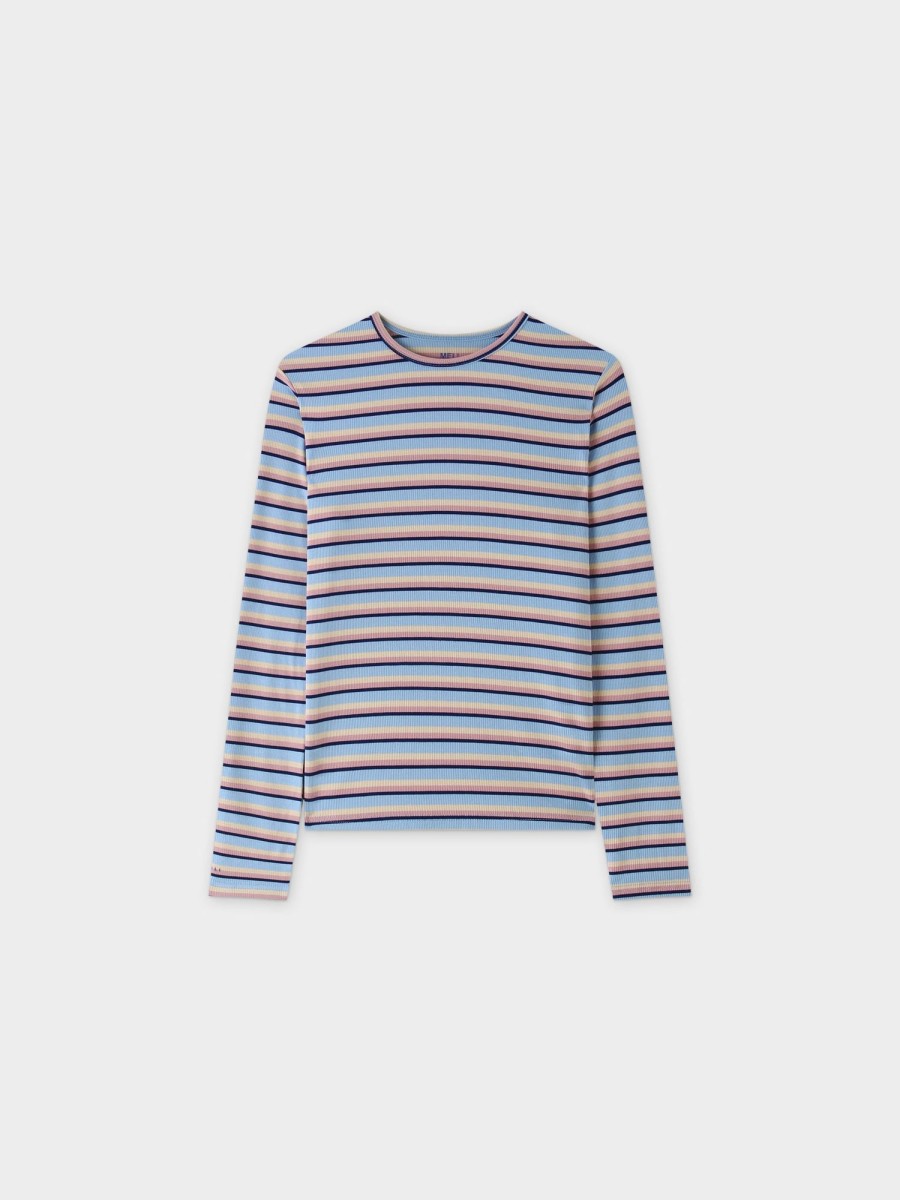 New Striped Ribbed Crew-Blue/Pink/Tan Tees