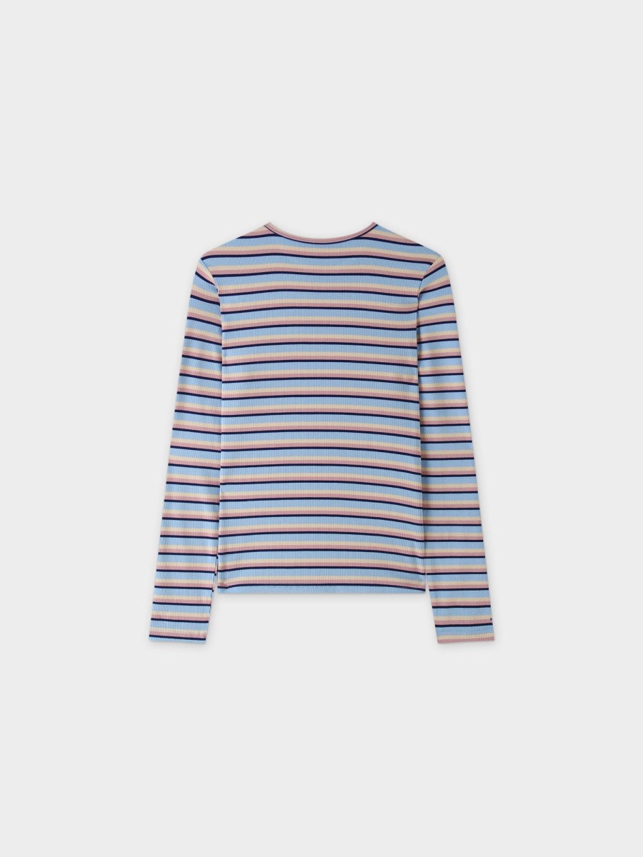 New Striped Ribbed Crew-Blue/Pink/Tan Tees