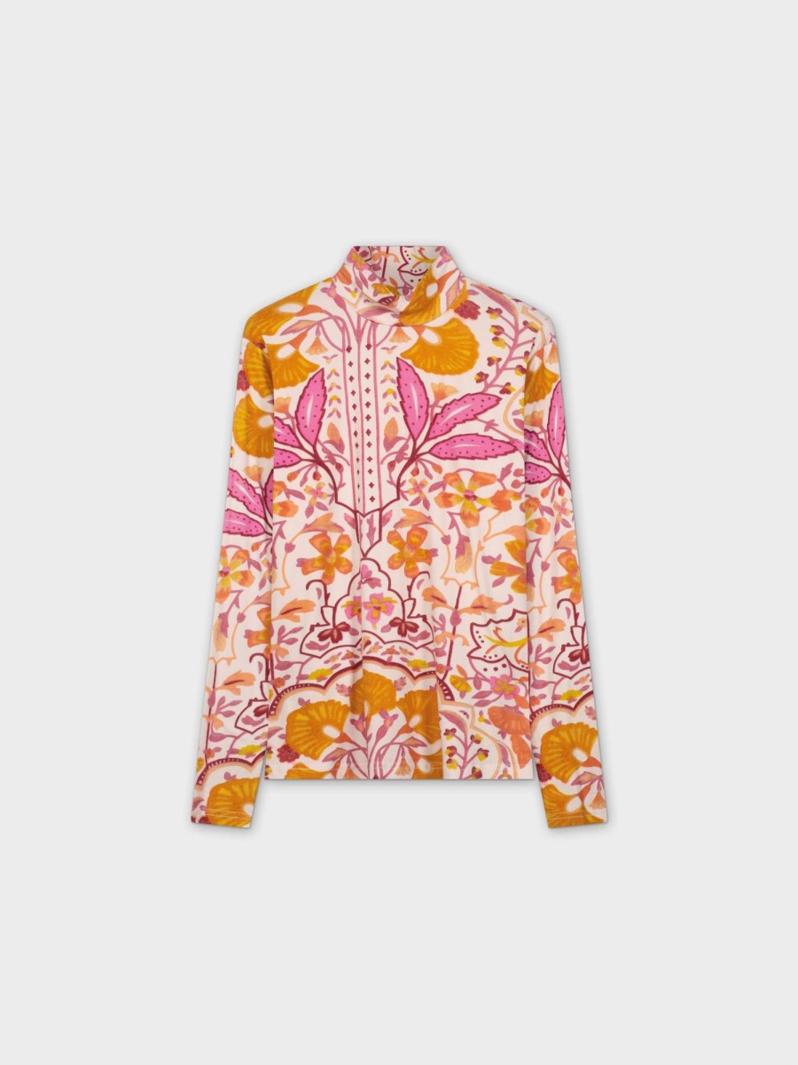 Hot Printed Turtleneck-Pink Floral Tops