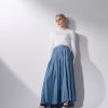 New Chambray Denim Pleated Skirt-Blue Skirts