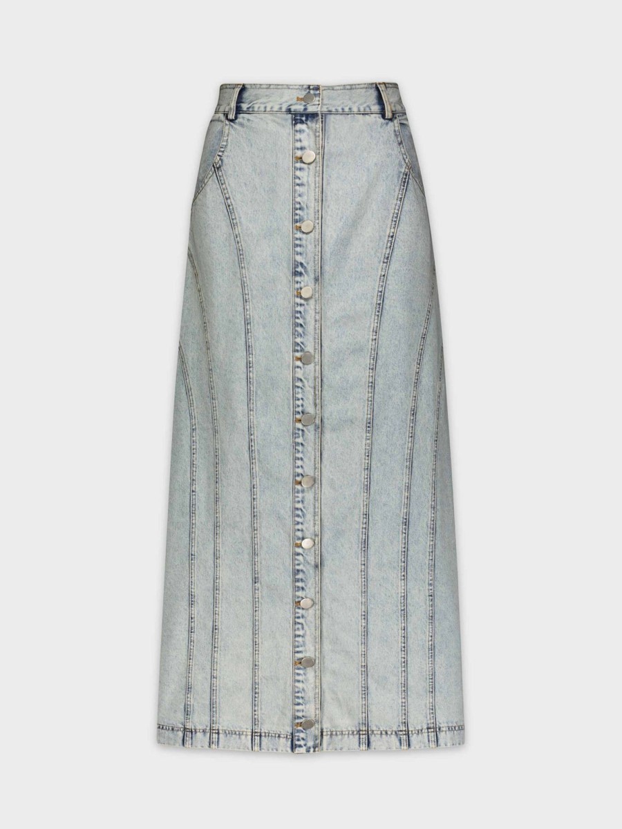 Wholesale Button Down Seamed Denim Skirt-Stone Wash Skirts