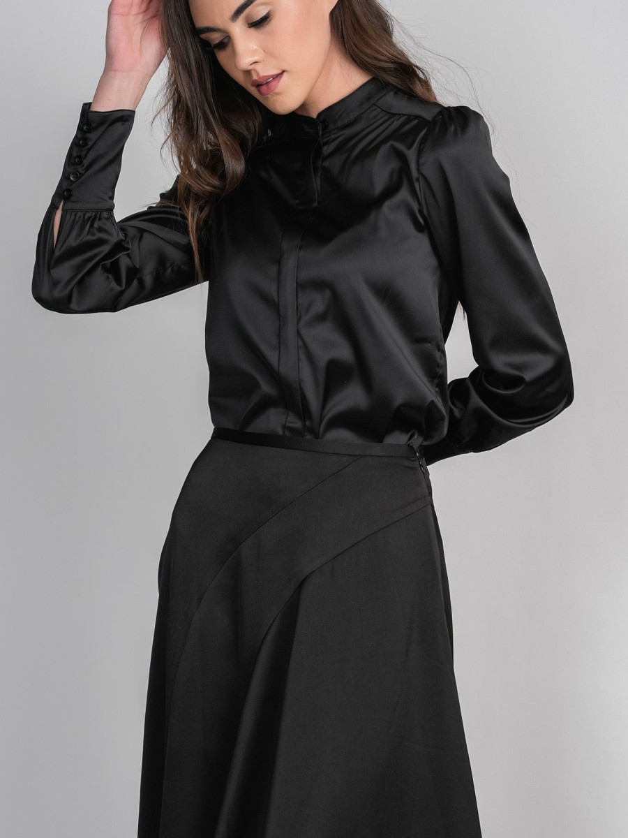 Wholesale Satin Blouse-Black Tops