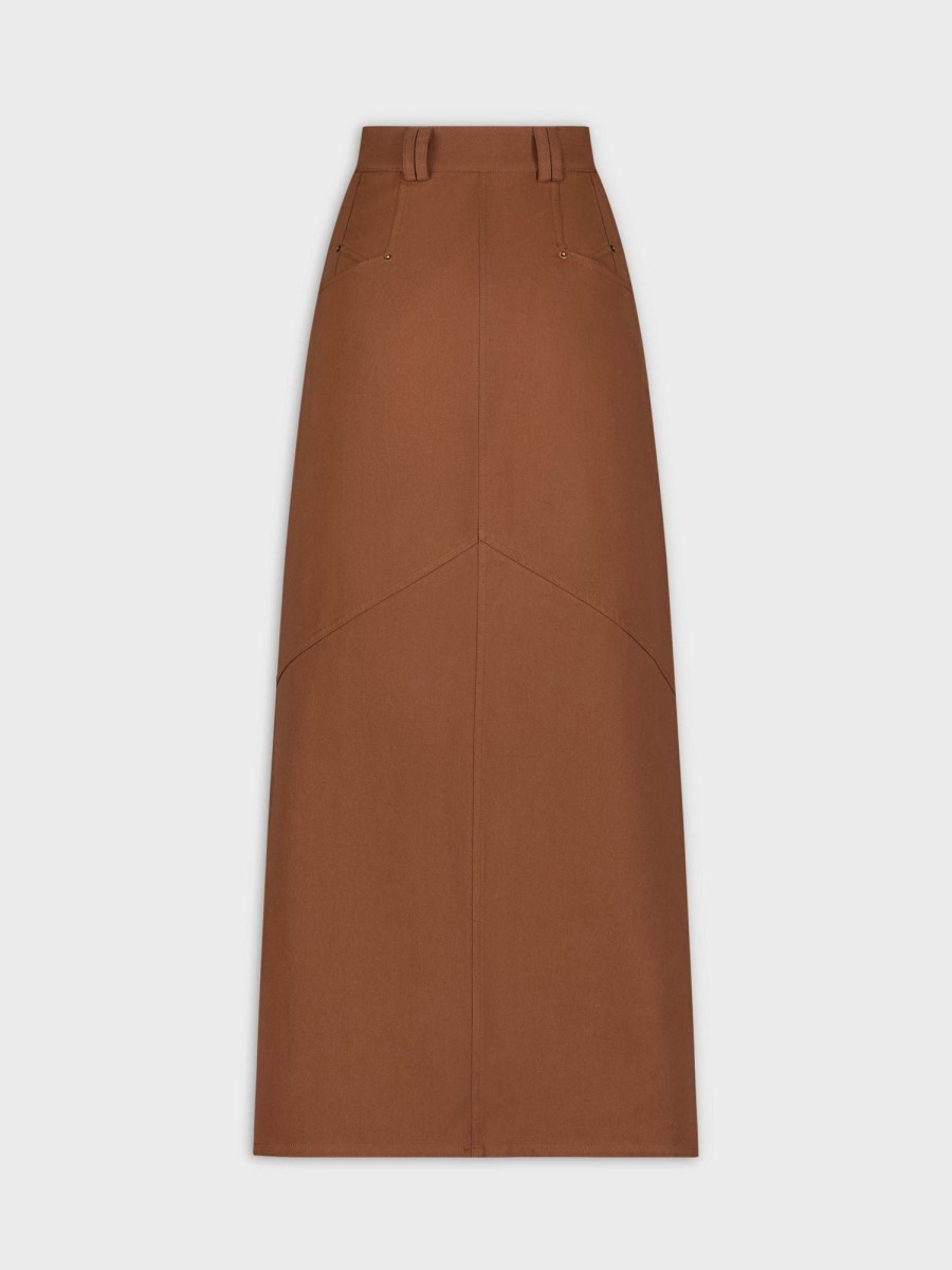 Hot Stitched Detail Denim Skirt-Brown Skirts