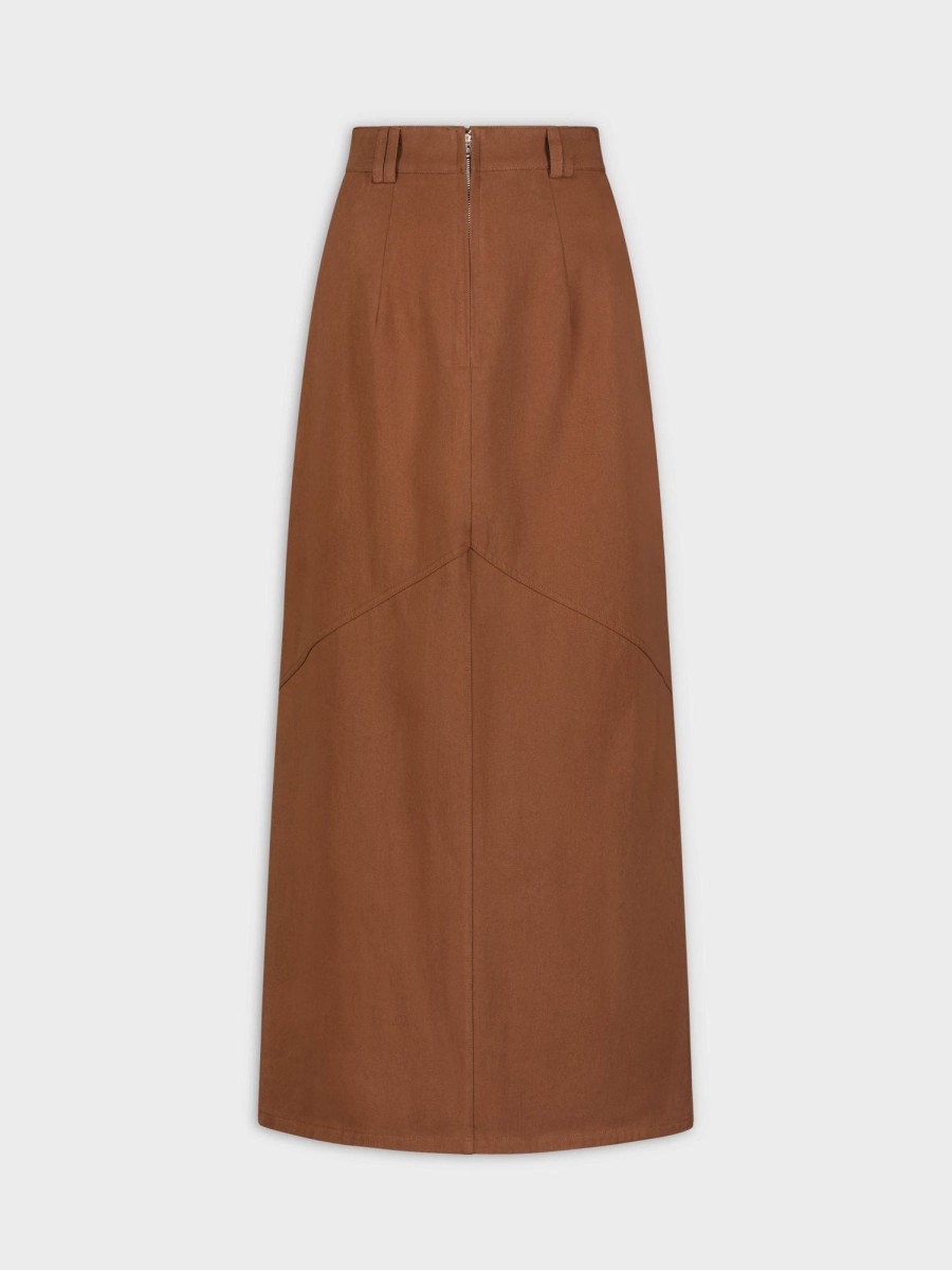 Hot Stitched Detail Denim Skirt-Brown Skirts