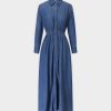 Hot Elastic Waist Shirtdress-Denim Dresses