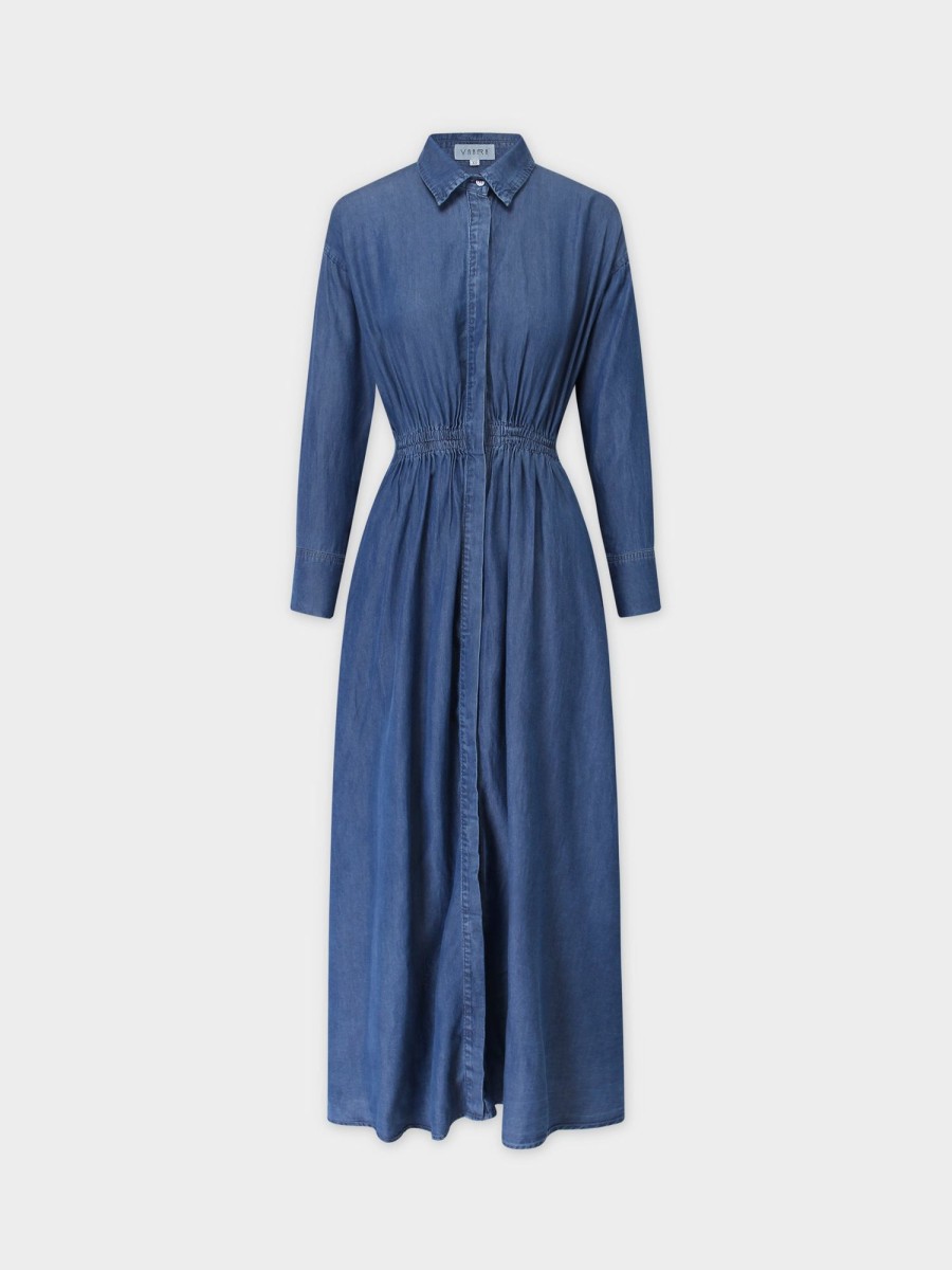 Hot Elastic Waist Shirtdress-Denim Dresses