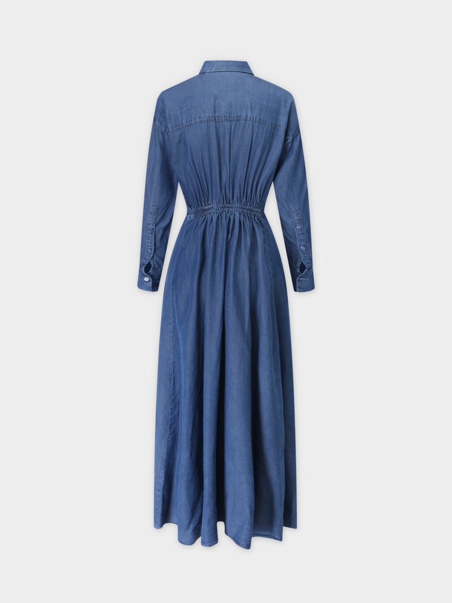 Hot Elastic Waist Shirtdress-Denim Dresses