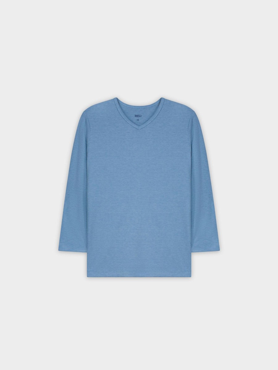 Hot Ribbed High V 3Q-Heathered Blue Tees