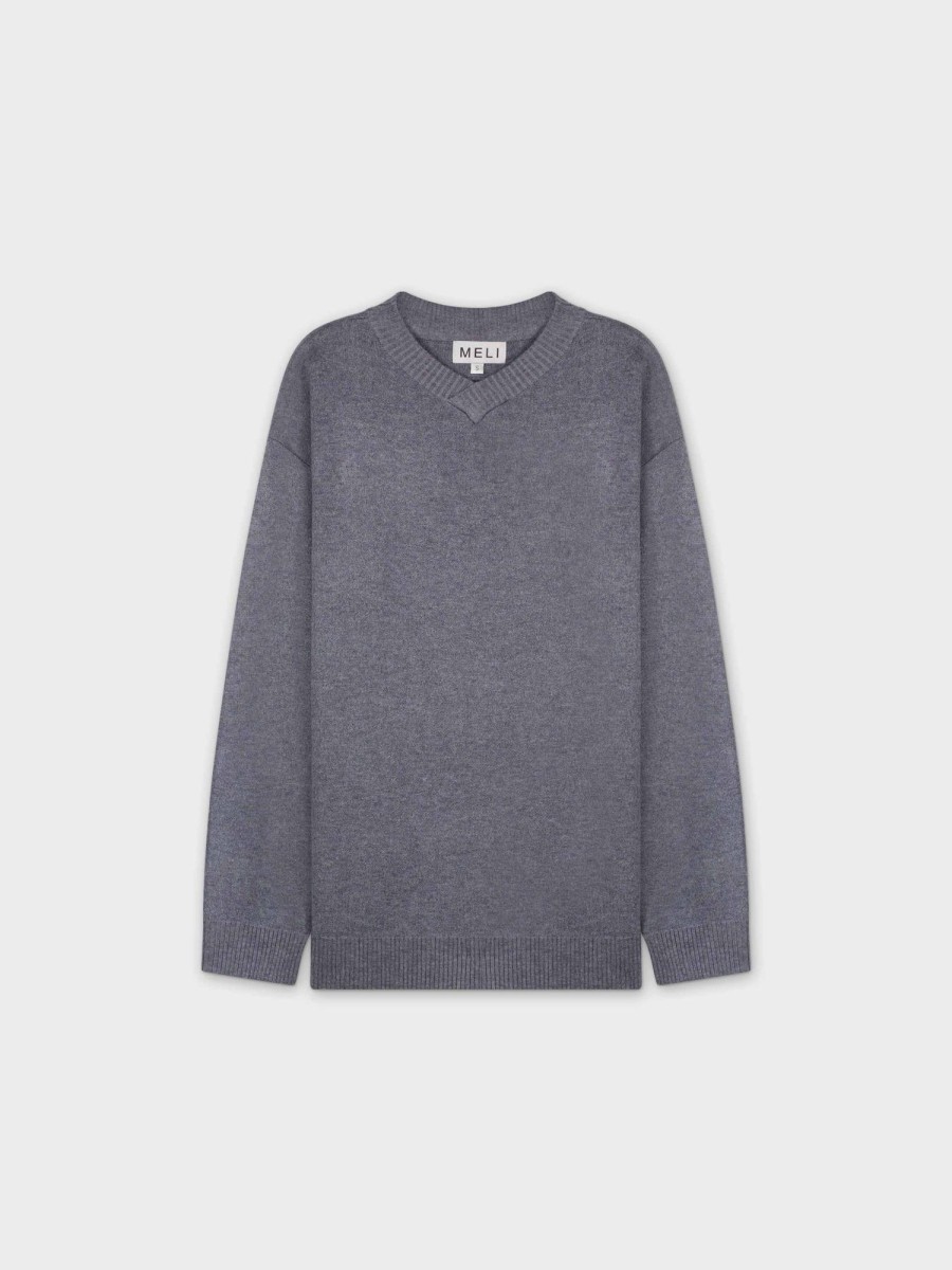 New Oversized V Neck Sweater-Heathered Grey Tops