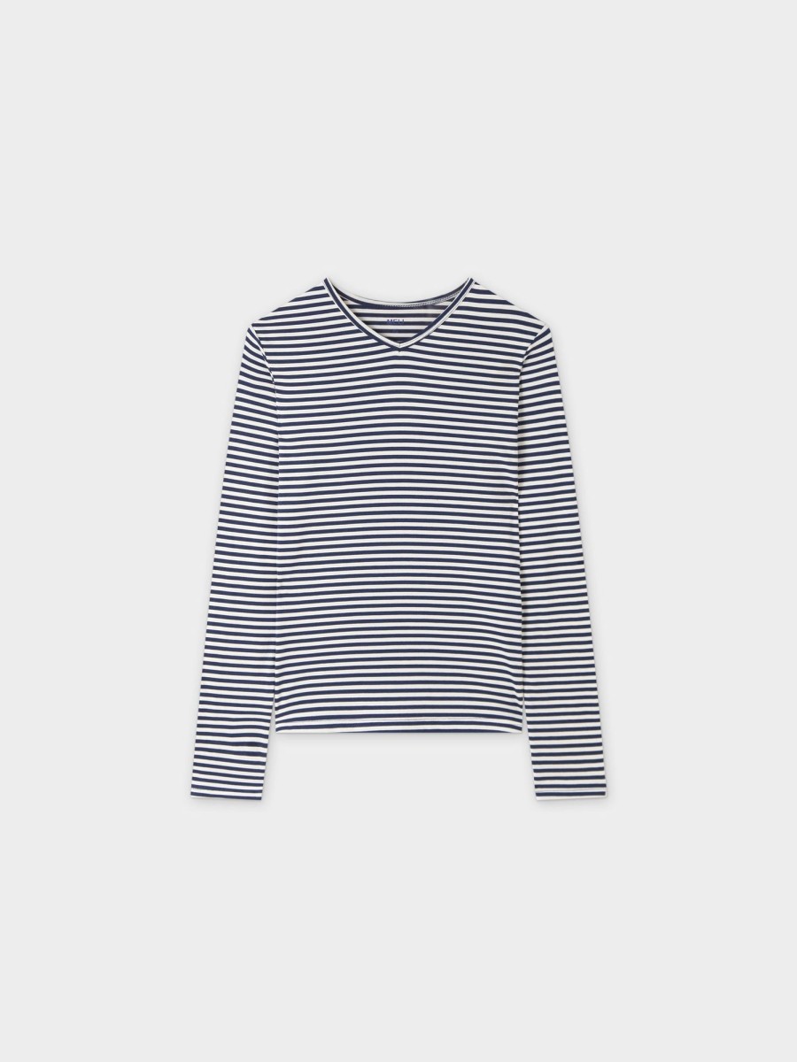 Clearance Thin Stripe High V Tee-Cream/Navy Tees