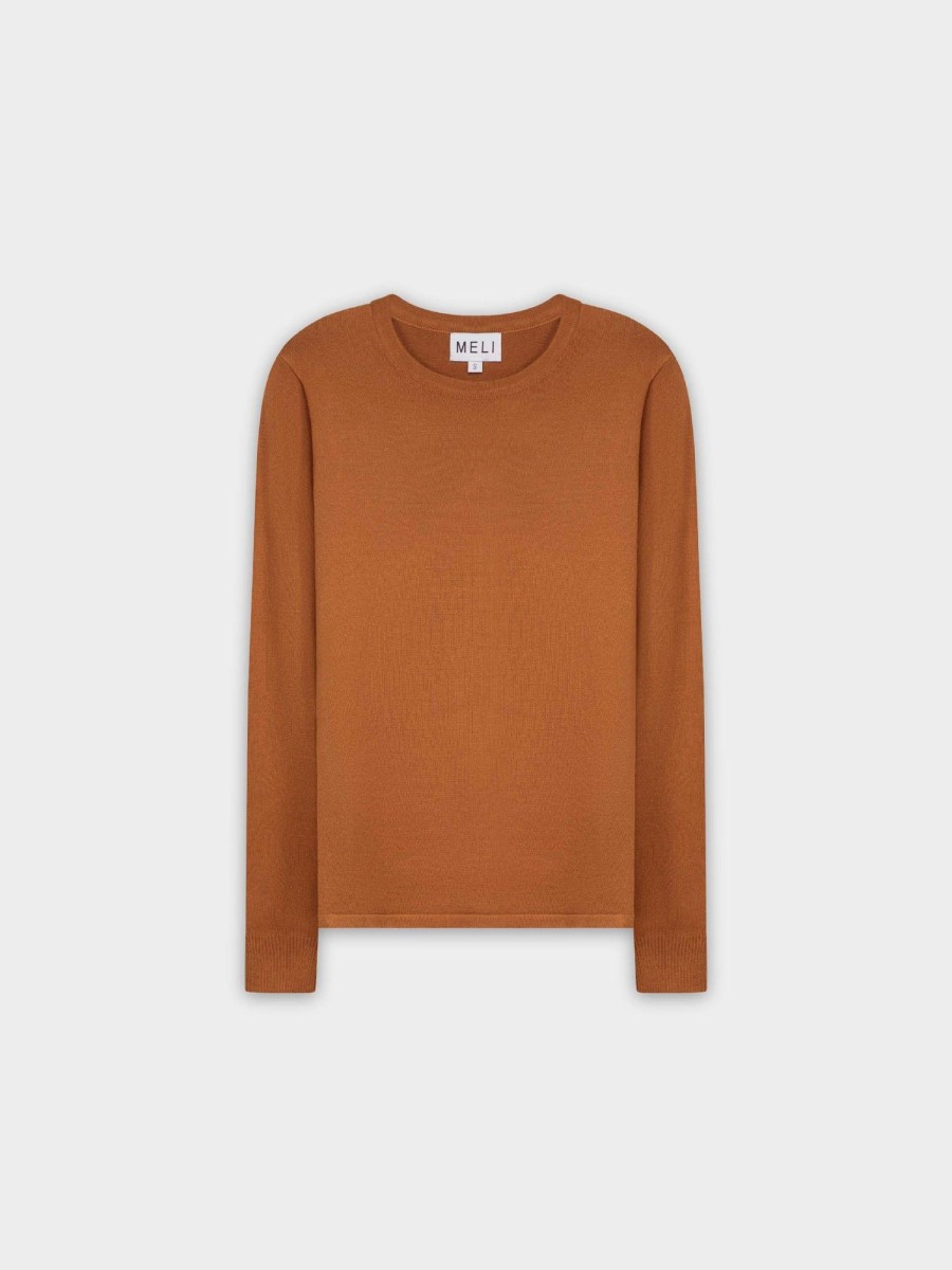 Online Thin Knit Crew Sweater-Brown Tops