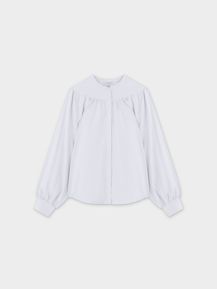 Online Gathered Top Blouse-White Tops