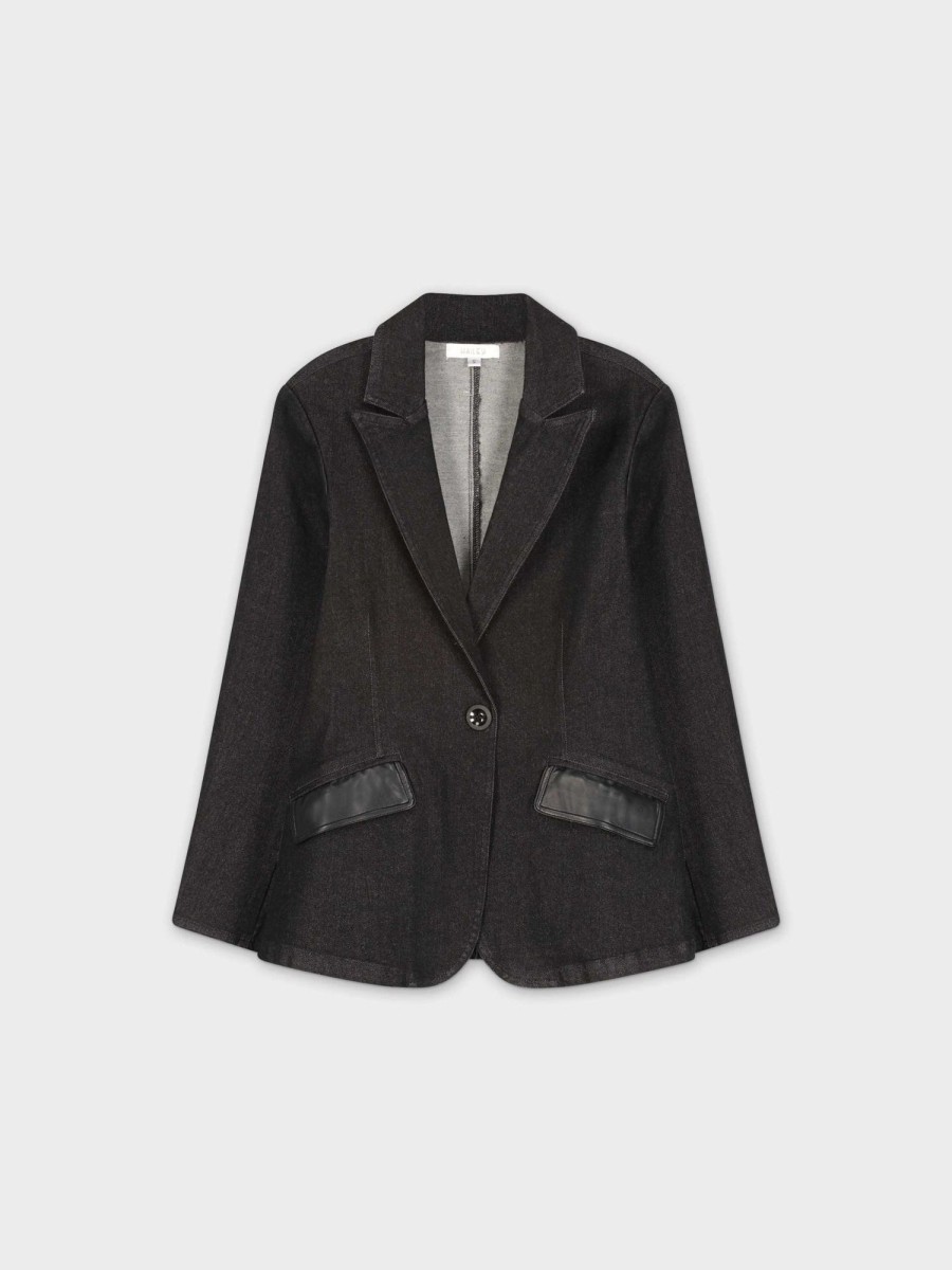 Clearance Leather Pocket Denim Blazer-Black Tops